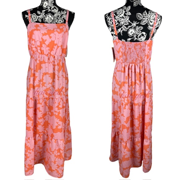 NEW Sanctuary Social Standard Pink/Orange Floral Midi Smocked Back Dress- Medium - Picture 1 of 7